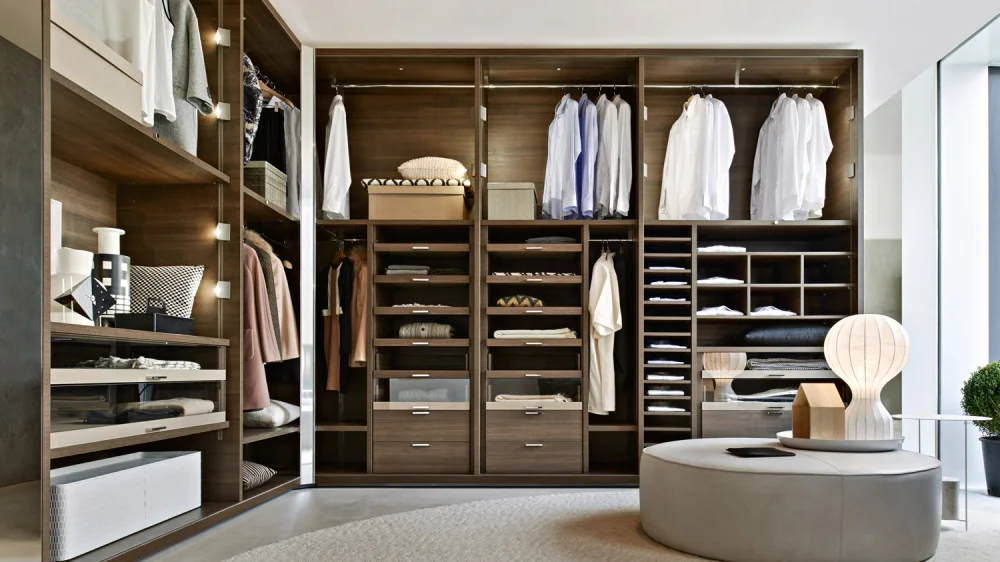 Wardrobe with frosted glass doors and metal handles.