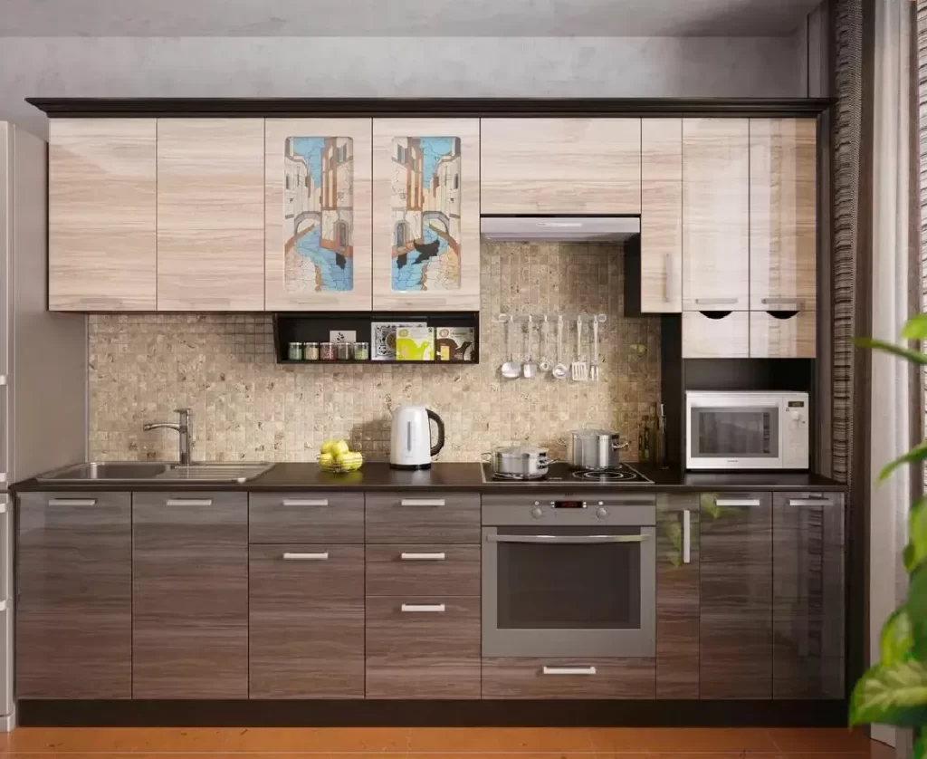 Wooden kitchen wardrobe with glass cabinet doors and built-in lighting.