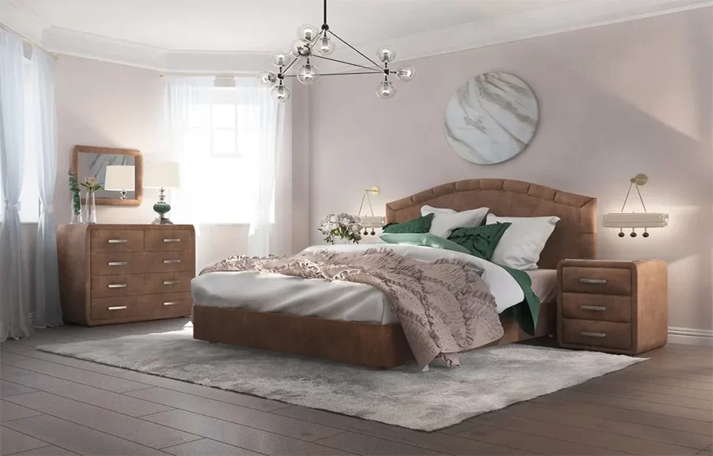 Modern bedroom with brown bed and nightstands