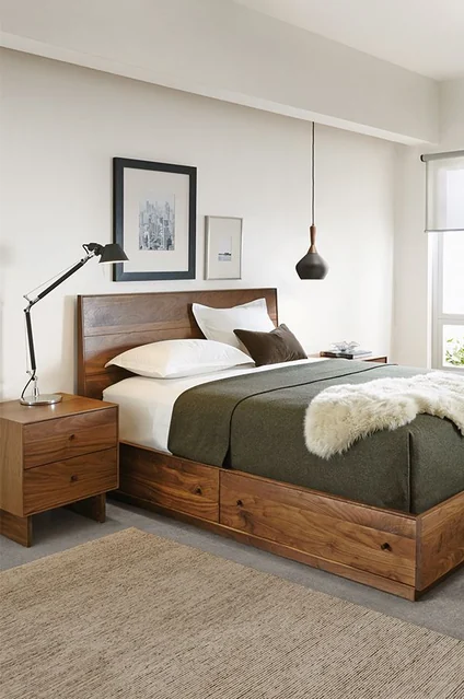 Modern bedroom with wooden bed and nightstands