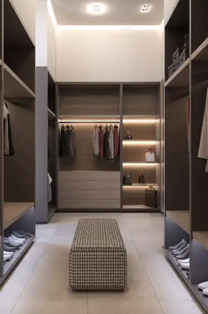 Walk-in closet with glass cabinet doors for a premium look.