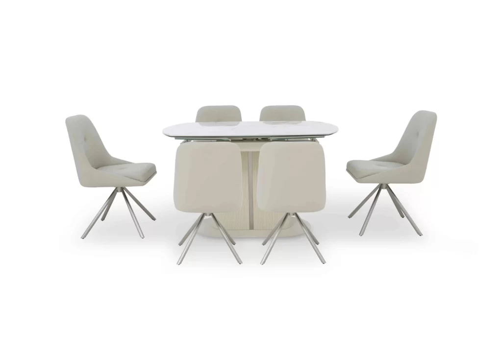 Avorio Swivel Extending Dining Table and 6 Swivel Dining Chairs Set