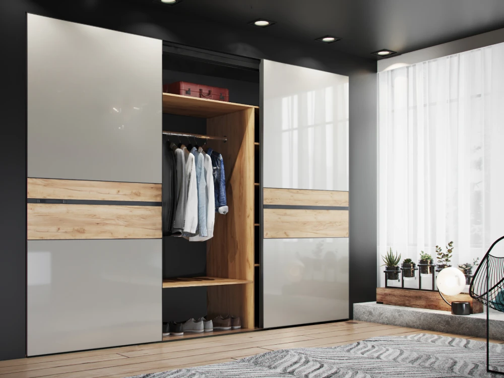 Contemporary wardrobe with mirrored panels and LED lighting