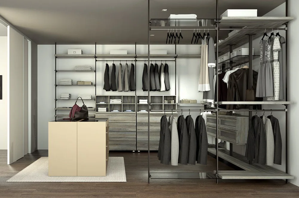 Large walk-in wardrobe with LED lighting and ample hanging space