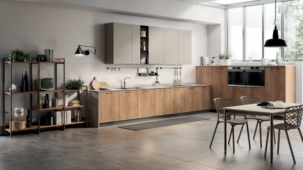 Minimalist kitchen wardrobe in matte black finish with gold accents.