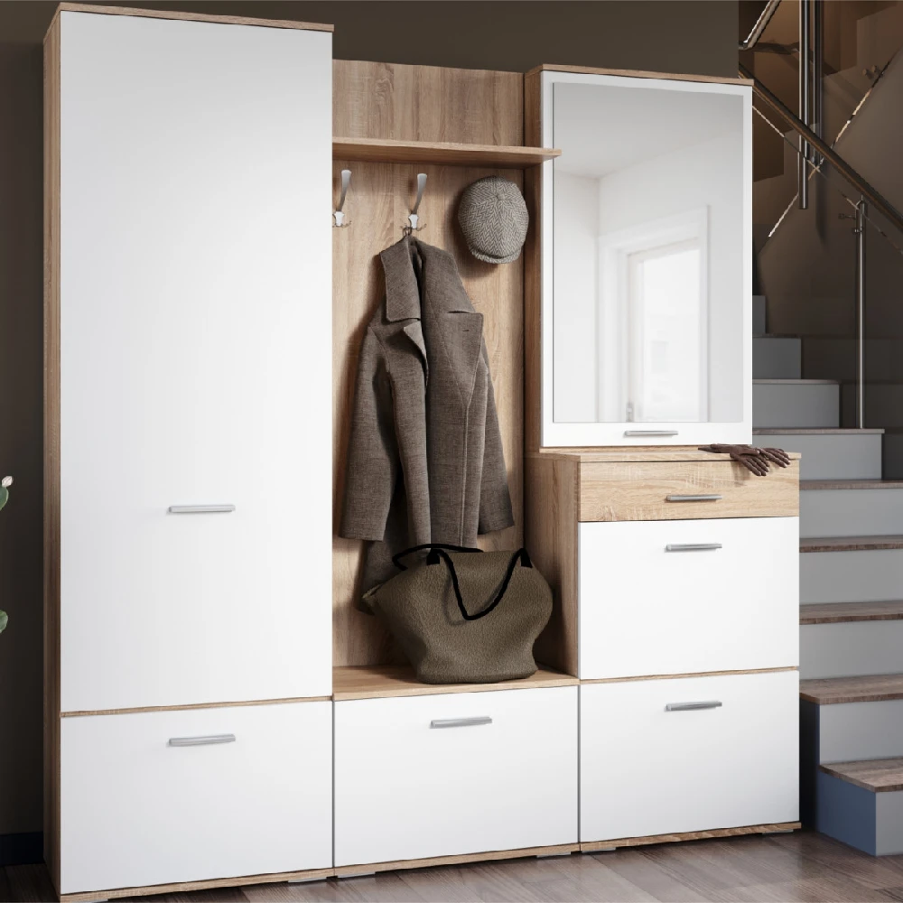 wardrobe with two sections for hanging clothes and folded storage.