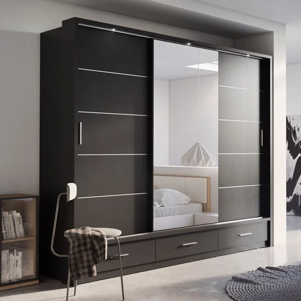 Modern black sliding door wardrobe with a mirrored panel