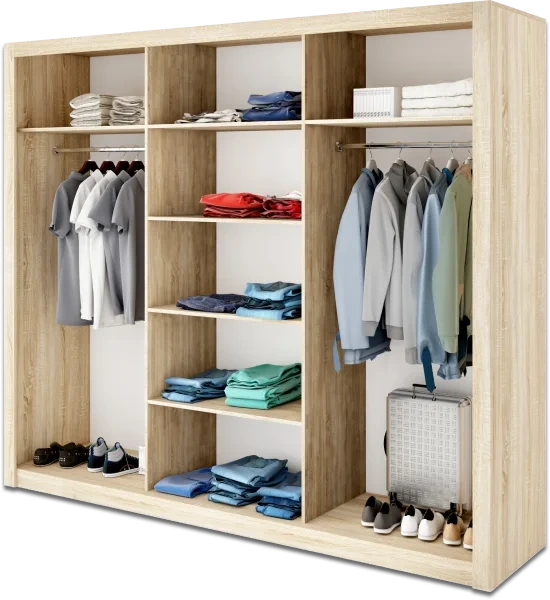 Open wooden wardrobe with organized clothing and accessories